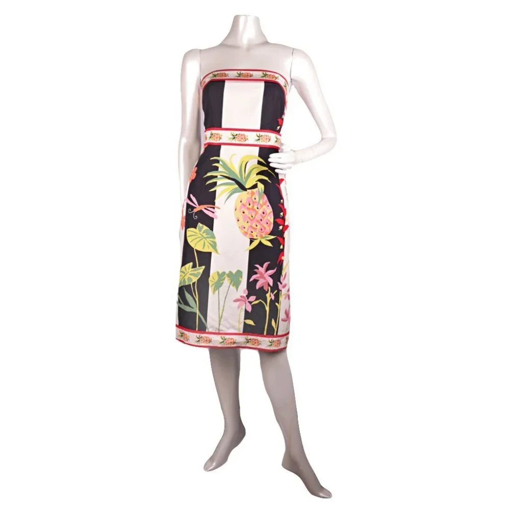 J.Crew Strapless A-Line Dress Cotton Tropical Pineapple Floral Y2K White Black - Picture 2 of 8